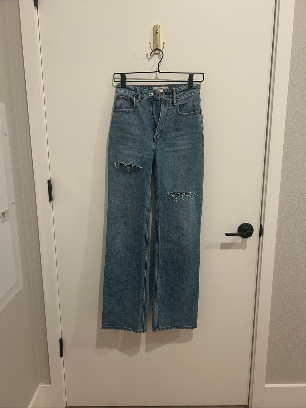 Abercrombie & Fitch Light Blue Distressed Denim Midi Skirt